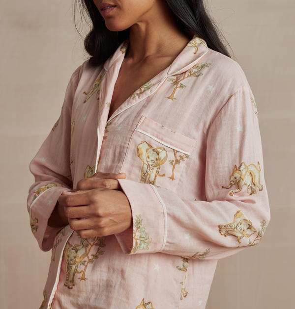Women's Cotton Traditional Pyjamas in White with Hummingbird Print